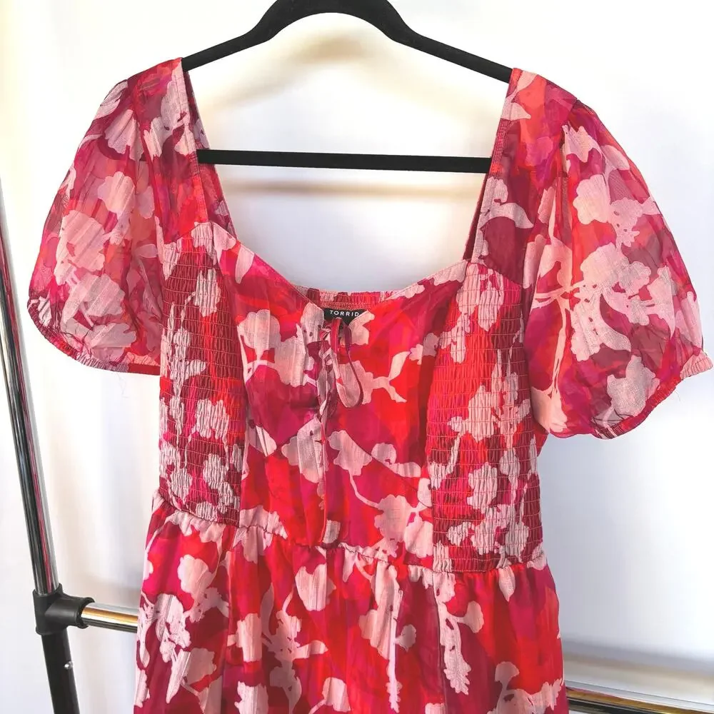 Torrid Milkmaid Maxi Dress Colorful Smocked Sundress Red Floral Vacation 2X